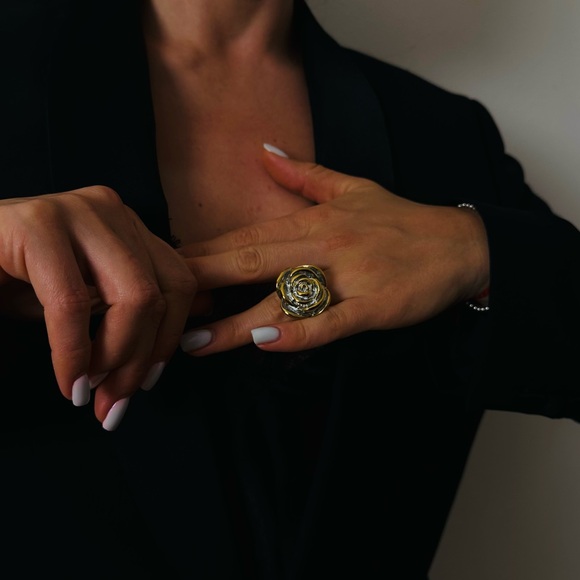 New Gold Plated Ring Flower Silver Boho Statement - Picture 2 of 10